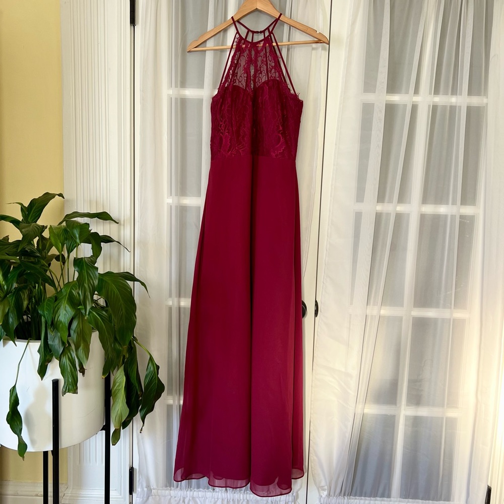 Hayley Paige Burgundy Halter Keyhole Lace Dress - Picture 6 of 12